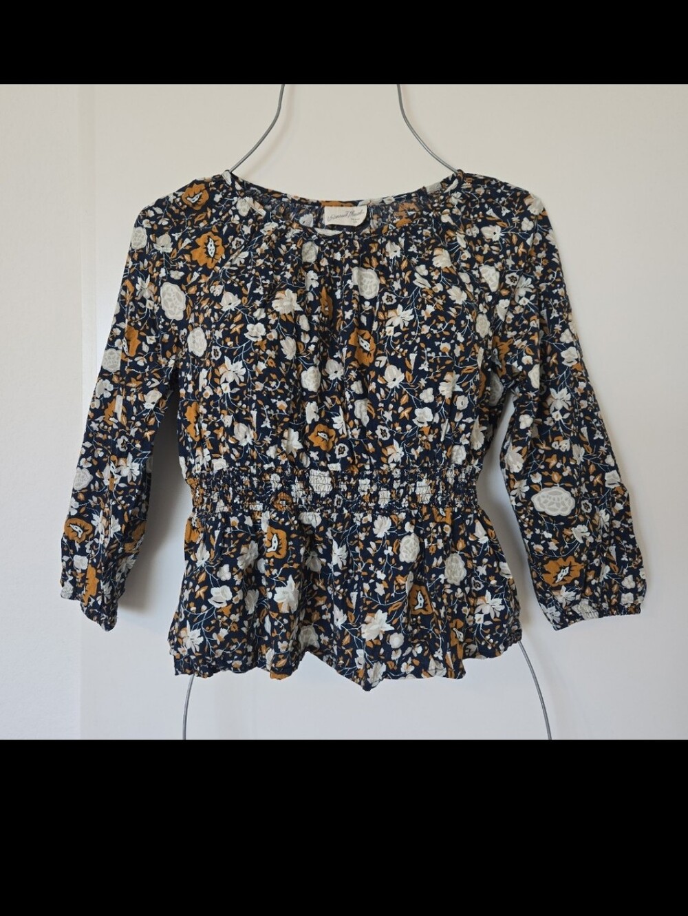 Universal Thread Navy Floral Smocked Peplum Blouse with Mustard Accents